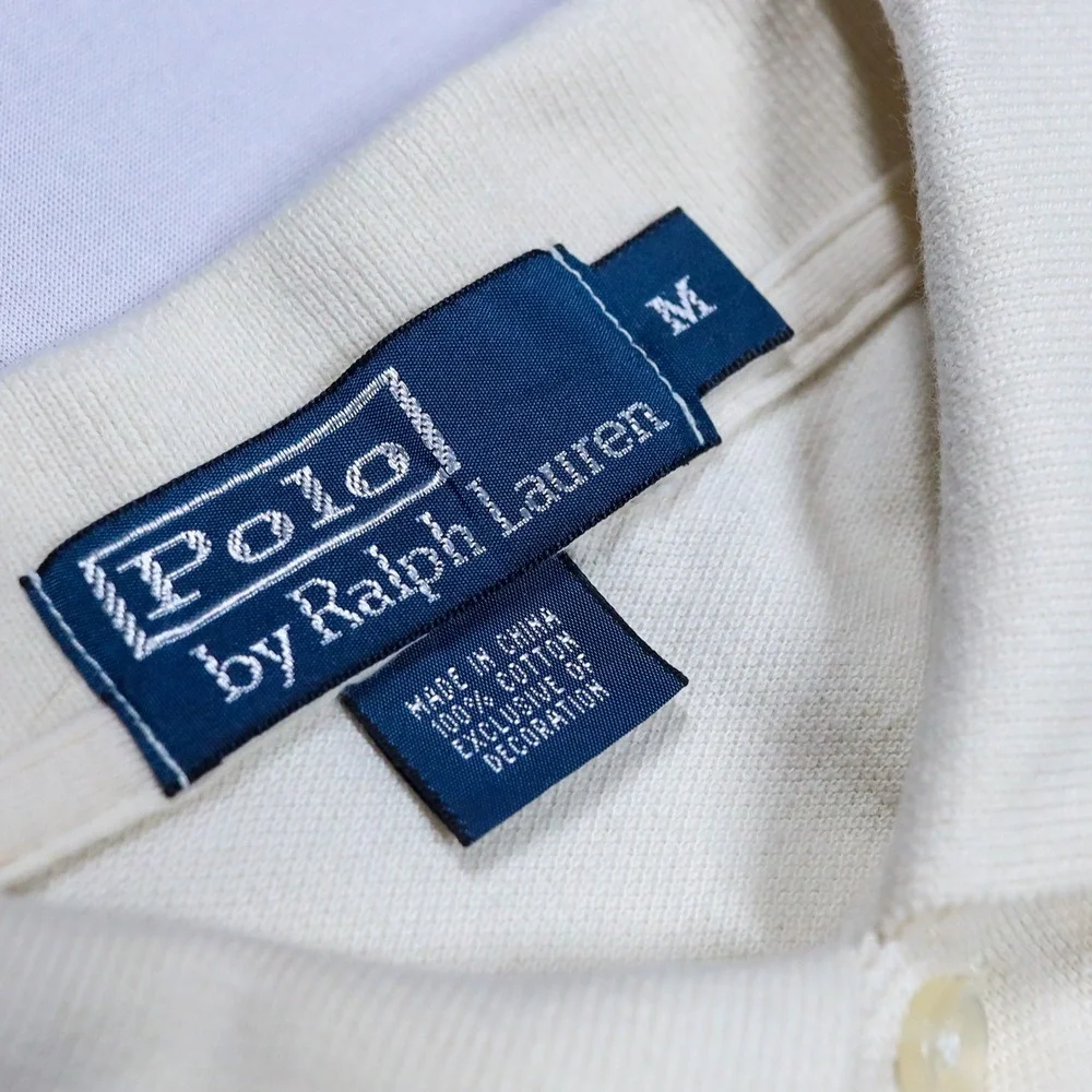 Polo Ralph Lauren Polo Shirt Mens M Cream Short Sleeve Green Pony Mesh Cotton